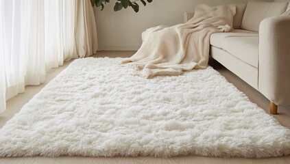 Fluffy white rug in a light beige living room