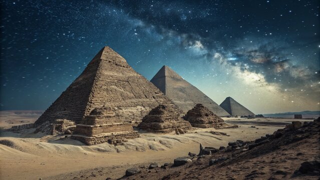 pyramids of giza under spectacular milky way galaxy at night
