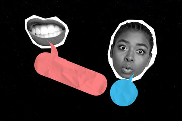Image zine trend photo collage of astonished girl mouth talk grimace bullying pressure bubble...