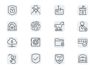 Personal data protection and antivirus software. Concept editable stroke outline icons set isolated on white background flat vector illustration. Pixel perfect