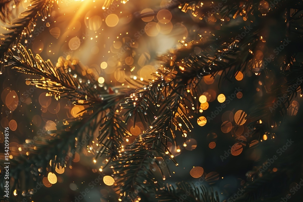 Poster evergreen branch with bokeh lights
