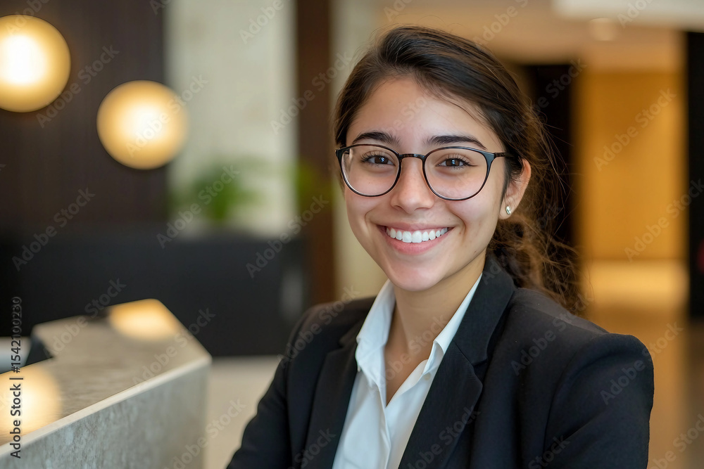 Poster happy receptionist talking to a customer at health spa generative ai image
