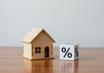 Wooden house model with percentage symbol block on table