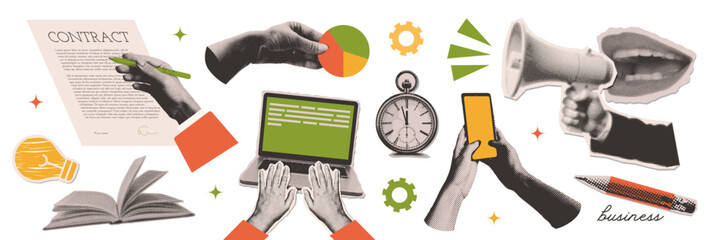 Big set of cut out paper elements of a halftone collage. Contemporary minimalistic business style. Hands working on a laptop, signing a contract, rising arrow chart. Ready to use elements. Vector