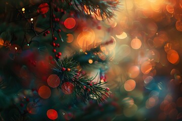Festive evergreen branch with red berries and bokeh lights creates a holiday ambiance