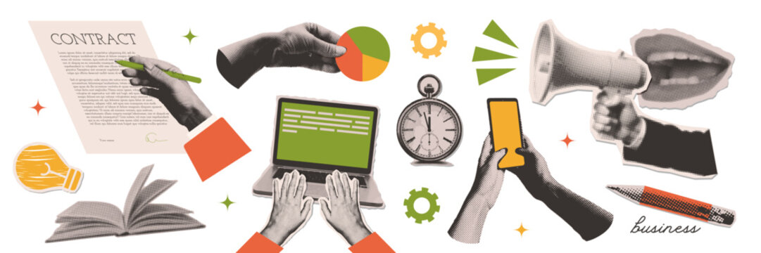 Big set of cut out paper elements of a halftone collage. Contemporary minimalistic business style. Hands working on a laptop, signing a contract, rising arrow chart. Ready to use elements. Vector