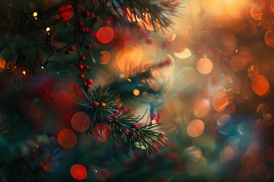 Festive evergreen branch with red berries and bokeh lights creates a holiday ambiance - Powered by Adobe
