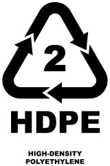 Recycling code icon, "HDPE" bold black color symbol with number 2 for high-density polyethylene, reuse, recycle material.