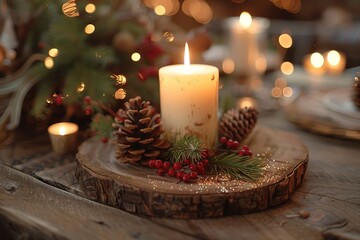 Festive Holiday Candle: Warm light and cozy winter decoration on rustic wood