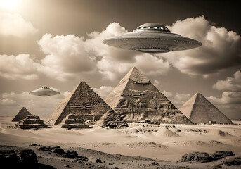 ufo flying saucer hovering over egyptian pyramids in sepia
