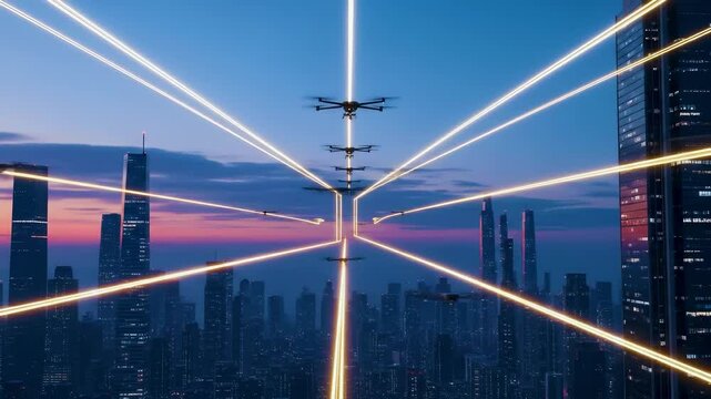 Futuristic cityscape at dusk with autonomous drones forming a synchronized traffic grid in the sky, connected by glowing light paths between skyscrapers.