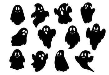 Set of cute black  ghosts in doodle style