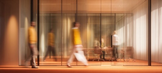 The modern office space featuring professionals engaged in collaborative discussions.