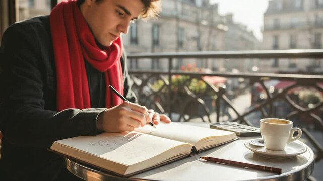 Man Writing in Notebook at Paris Caf? with Coffee