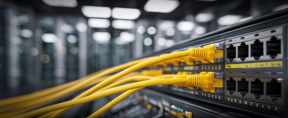 The server room with yellow ethernet cables connecting devices and powering networks.