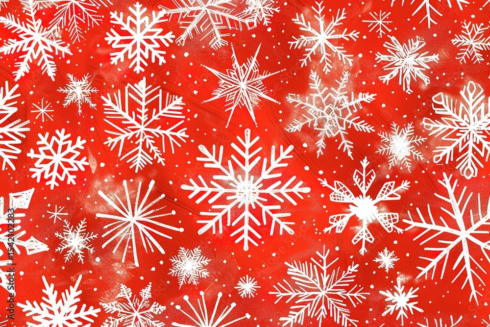 Poster festive red background filled with delicate white snowflakes creating a winter pattern