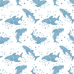 Cute Whale Shark Seamless Pattern with Ocean Bubbles