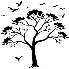 silhouette-of-a-tree-with-birds-flying-away