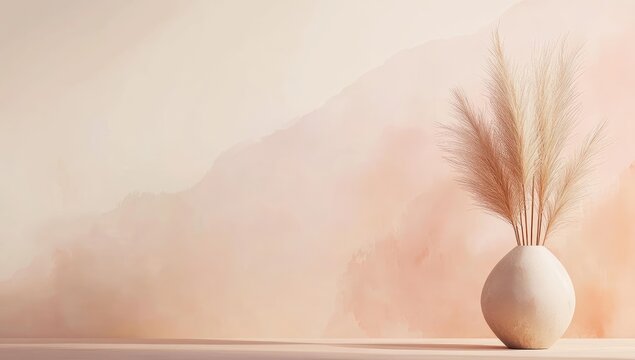 A simple, muted, pastel peach-toned interior scene.  A light beige vase holds a cluster of pampas grass.  Soft, abstract background