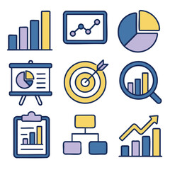 Data visualization icons, charts, graphs, and analytics symbols for presentations and reports