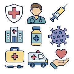Medical icons including doctor, syringe, hospital, vaccine, virus, ambulance, and first aid kit
