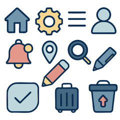 Icons representing various functions and features including home settings user profile
