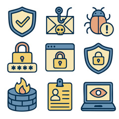 Secure icons representing cybersecurity concepts, including shields, locks, and alerts