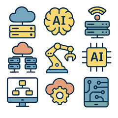 Digital technology icons representing cloud computing, artificial intelligence, and automation