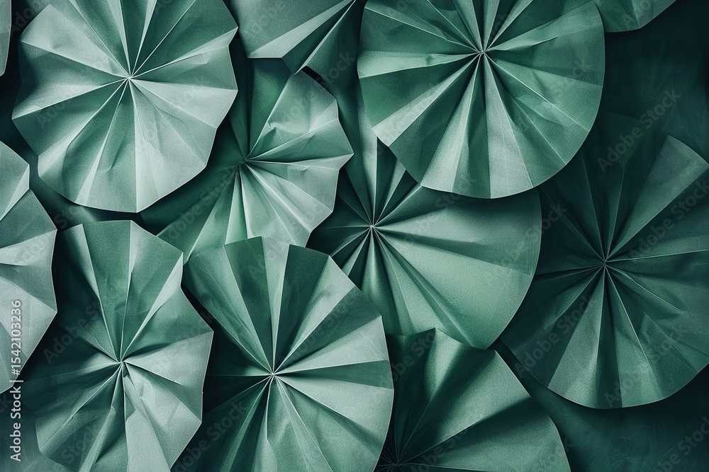 Poster folded paper fans create an abstract textured monochromatic and geometric arrangement
