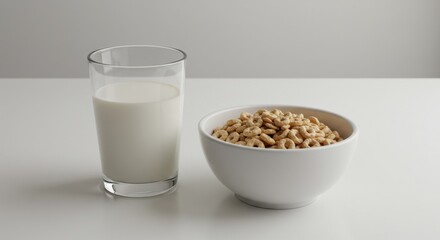 A glass of milk beside a bowl of plain cereal on a white table