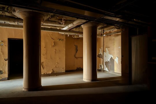 Abandoned Building Interior Beige Walls Peeling Paint Dark Room Columns Pipes Concrete Floor Low Light Photography