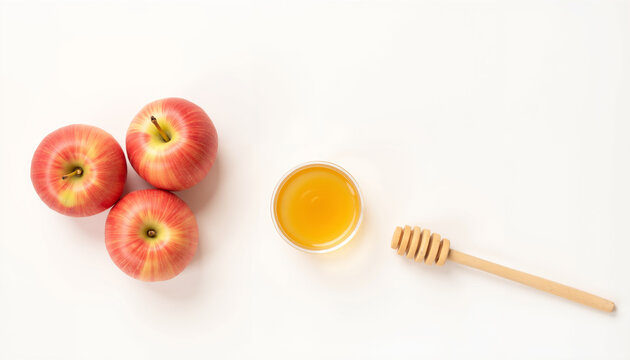 Fresh red apples with honey in jar and wooden dipper on white background  