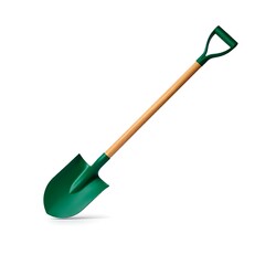 Green and wooden garden shovel on white background