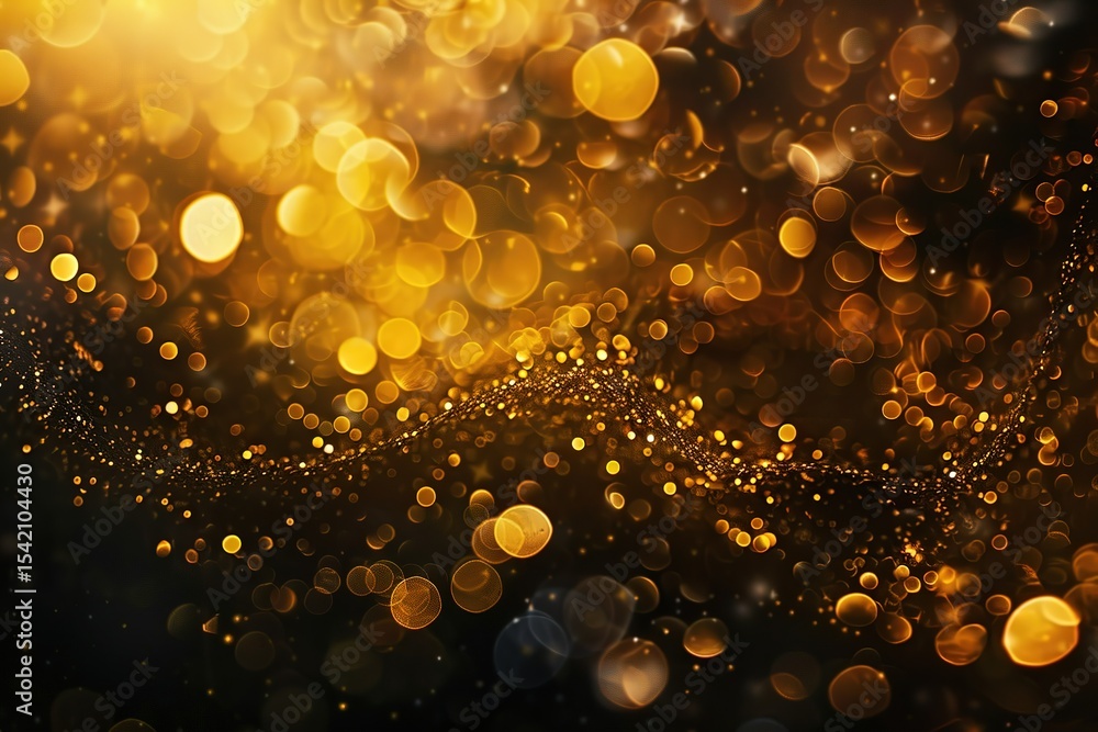 Poster golden bokeh lights: abstract sparkling background with warm festive glow