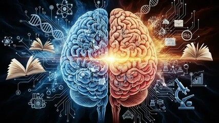 Conceptual depiction of human brain activity surrounded by scientific and educational symbols and concepts 4K Ai HD video.
- Powered by Adobe
