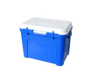 A blue plastic ice cooler with a white lid isolated on transparent background