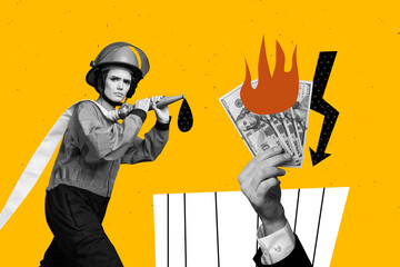 Creative artwork image 3D collage of young woman fighter fire hand hold banknote flame investor...