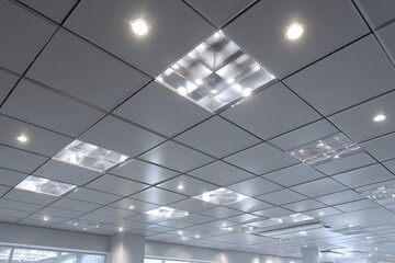 Detailed shot of sleek square recessed LED downlights seamlessly integrated into a modern office ceiling with acoustic white square tiles creating a clean and efficient lighting design.
