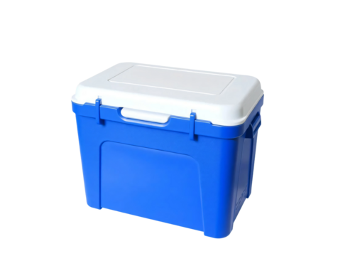 A blue plastic ice cooler with a white lid isolated on transparent background