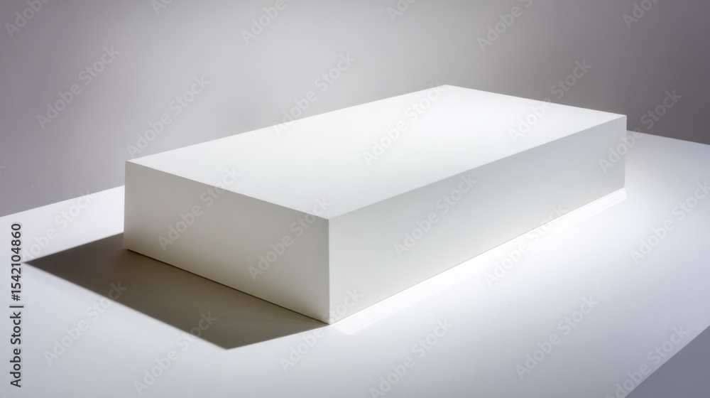 Poster minimalist white rectangular block on light surface with smooth sides, flat top, soft shadow, and gr