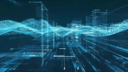 Digital wave flows through a futuristic virtual cityscape, symbolizing data exchange, communication, and advanced smart city technologies. - Powered by Adobe