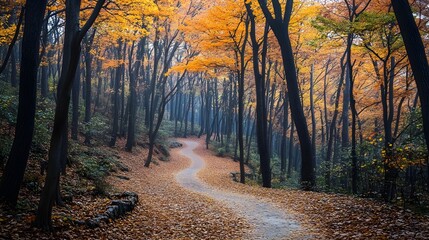 Fototapeta premium Vibrant fall colors in a Korean forest with walking path