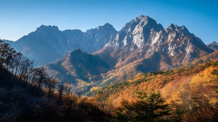 Towering mountains of Jirisan National Park under clear skies