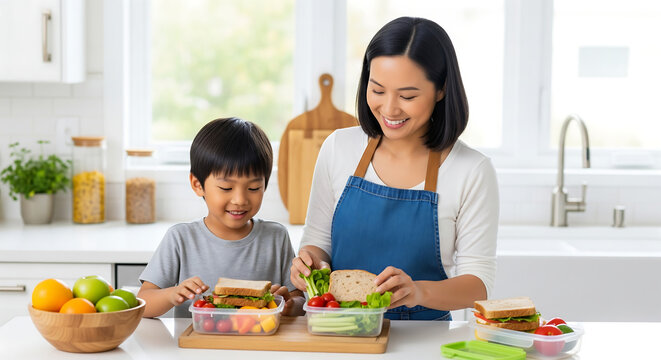 An Asian mom carefully packs a healthy, colorful lunchbox for her son in a sunlit kitchen