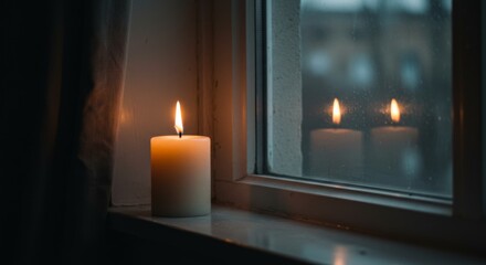 A lit candle placed beside a window, with faint reflections on the glass and a moody atmosphere around it