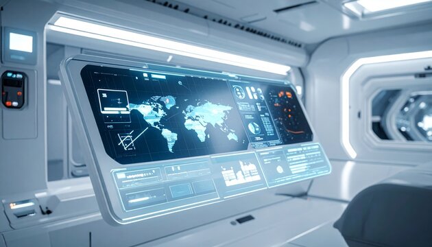 High-tech digital interface screen in a futuristic space tourism cabin, displaying global maps, data analytics, and spacecraft control systems in a sleek, sci-fi environment.
