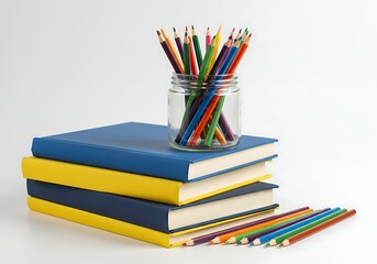 Fototapeta premium Stack of books with colored pencils in a jar and lying beside