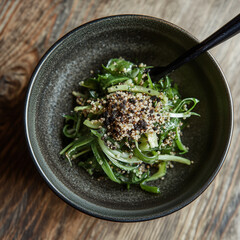 Warm salad with wakame, quinoa and truffle sauce