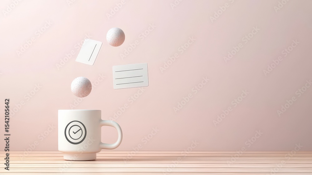 Poster productivity tools management minimalist concept. a floating cup with golf balls and notepad element