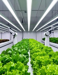 Smart robotic arm harvesting fresh lettuce in an indoor vertical farming setup with hydroponic technology and automated crop monitoring system.